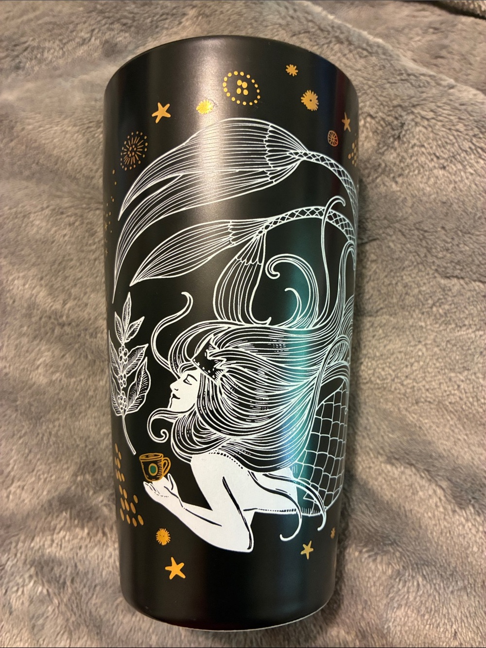 Starbucks Black Tumbler with White Mermaid Artwork and Gold Accents